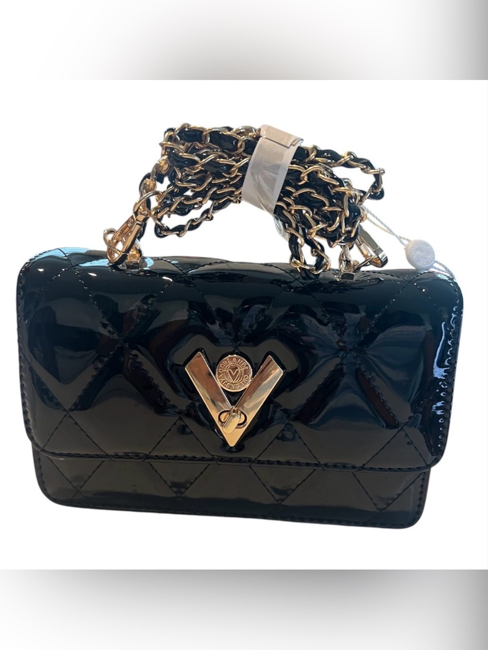 Valentino Orlandi Black Quilted Patent Crossbody Gold Chain Strap NWT